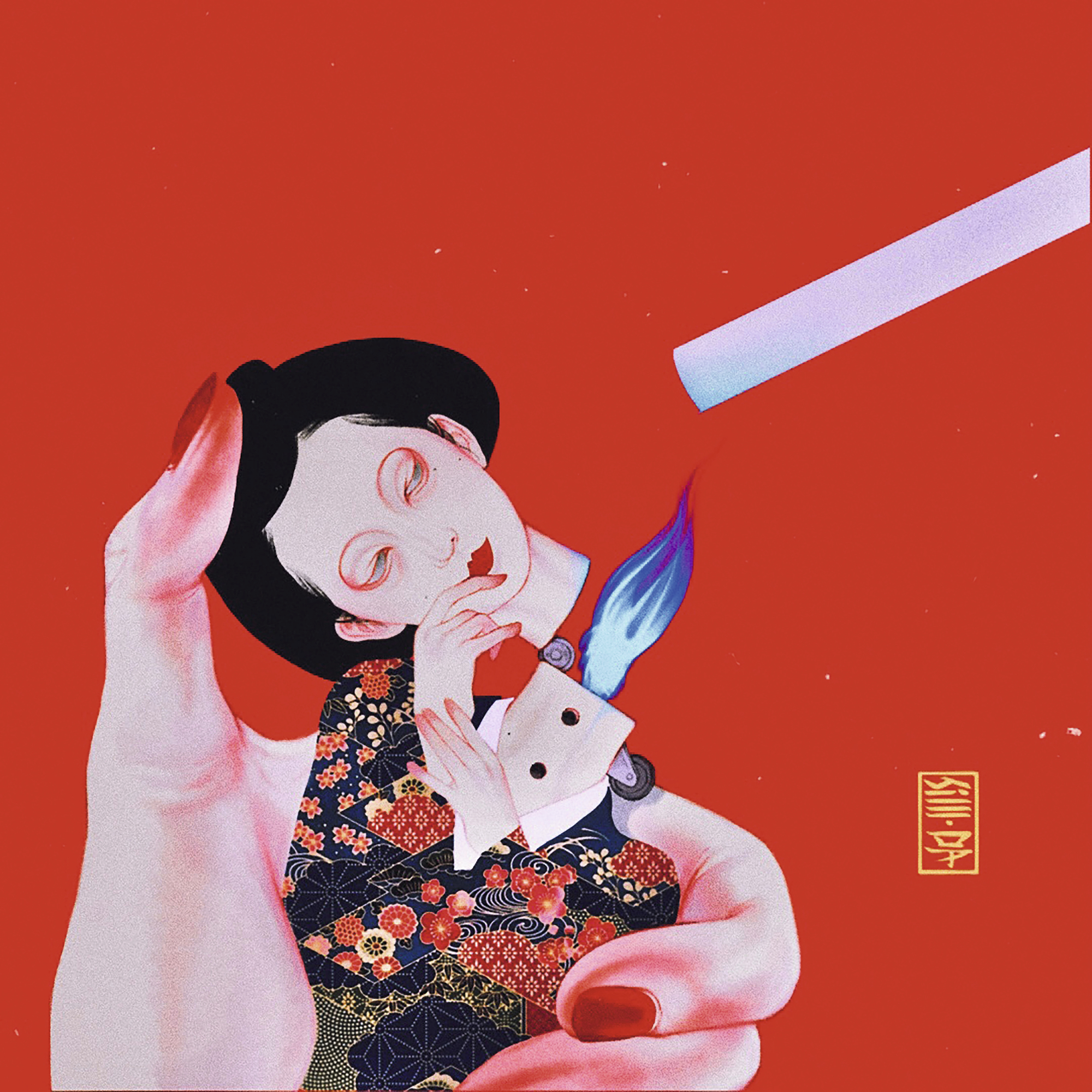 Illustration von Hand mit Feuerzeug, asiatische Frau