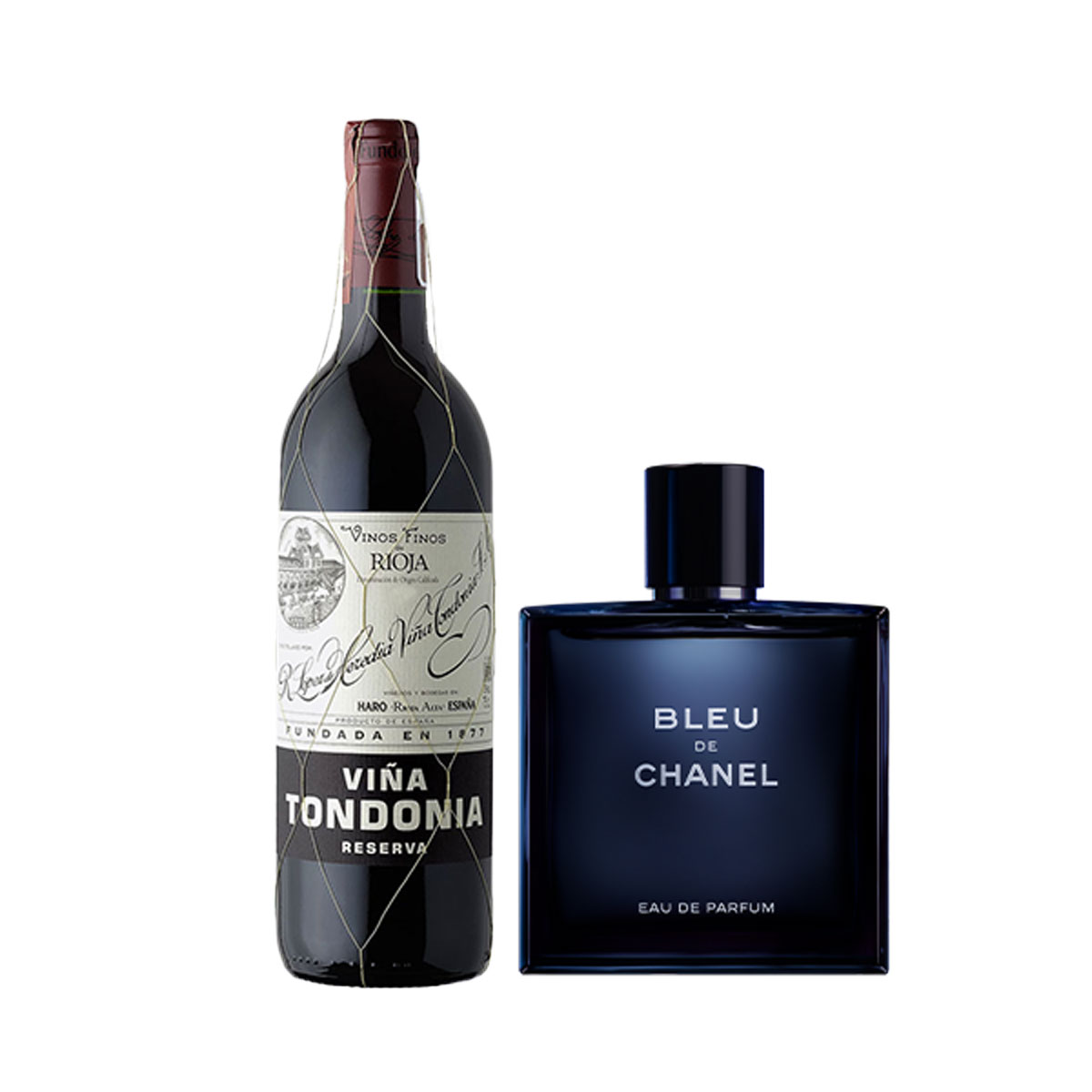 Rotwein in Netz und Parfum von Chanel